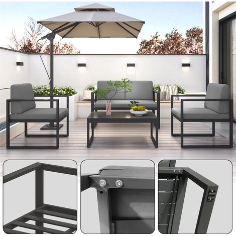 Gartensofa Aluminium Sitzgruppe Gartenset wetterfest Sitzgarnitur Grau Tisch (1/5)