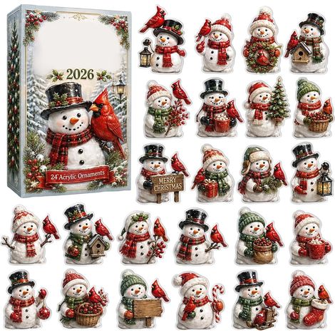 Adventskalender 2026 – 24-teilig – rot, weiß, grün – Acryl – 24 Tage mit Kardinal- und Schneemann-Anhängern – Christbaumschmuck – geeignet für Weihnachten und als Dekoration für den Wohnbereich (1/5)