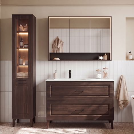 Ensemble meuble simple vasque encastrée gauche 120cm colonne et armoire miroir Moka Bois foncé (1/5)