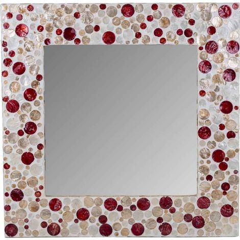 Miroir carré en bois finition capiz touches rouges et crème - Marron nacré rouge crème (1/3)