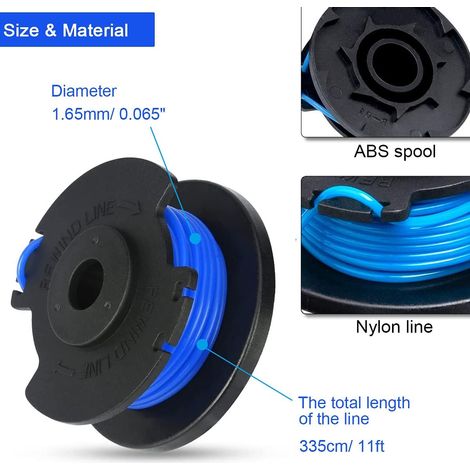 Bobines de Remplacement Ligne pour Ryobi Weed Eater 18v, 24v, 40v Coupe-Bordures sans Fil, remplace AC14RL3A, 1,65 mm/0,065" 335 cm/ 11 pi (8 bobines, 2 Capuchons) H743 (1/5)