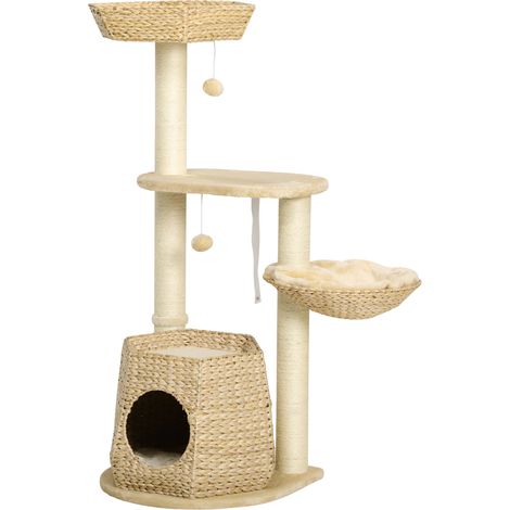 Arbre à chat griffoir 119 cm colonnes renforcées niche hamac 2 boules suspendues