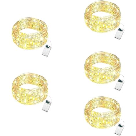 MiNi Lot de 5 guirlandes lumineuses à piles avec minuteur, 20 LED IP65, petites guirlandes lumineuses étanches à l'eau pour Noël, bouteille, chambre à coucher, pot d'arbre, blanc chaud (1/5)