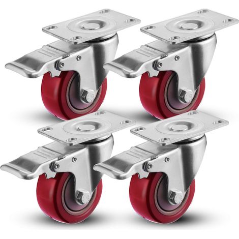 Set mit 4 Lenkrollen für Möbel, Rolle mit Bremse 75 mm, Rot (1/5)
