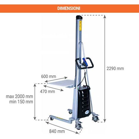 Impilatore semi-elettrico piano - Sollevamento massimo 2000 mm - Carico massimo 100 kg - 1843044048