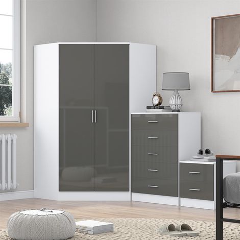 Reflect 2 Door Corner Wardrobe, 5 Drawer Chest, 2 Drawer Bedside - Grey Gloss & Matt White - Bedroom Furniture Set