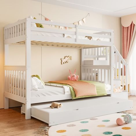 Lit superposé 90 x 200 cm avec étagère d'escalier, lit escamotable et barrières de sécurité – lit enfant certifié en747-1, blanc (1/5)