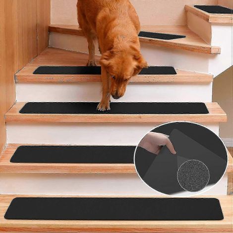 Tapis d'escalier en caoutchouc antidérapant, noir, pour marches en bois, réutilisable, lavable en machine, noir (76 cm x 76 cm). (1/4)