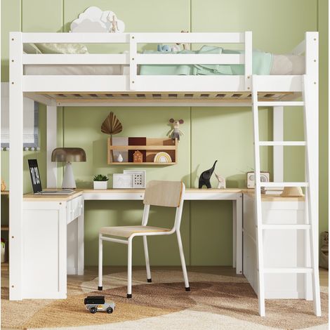 Lit mezzanine enfant 140x200 cm avec bureau en U, bois et MDF blanc/naturel, 2 tiroirs et étagère (1/5)