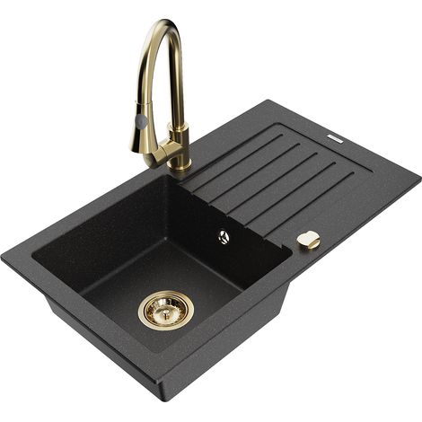 Mexen Pablo 1 Becken-Granitspüle mit Abtropffläche und Mischbatterie Elia, Schwarz/Silbermetallic -
