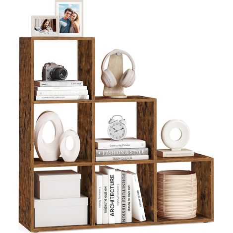 Bibliothèque, Étagère Escalier, Cloison Séparateur, Meuble de Rangement, 6 Compartiments, pour Bureau, Salon, Chambre, Marron Rustique LBC63BX (1/5)