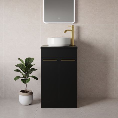 Napoli 390 Matt Black 500mm 2 Door Vanity Unit for Countertop Basins - 500mm - Brushed Brass 160mm Handle