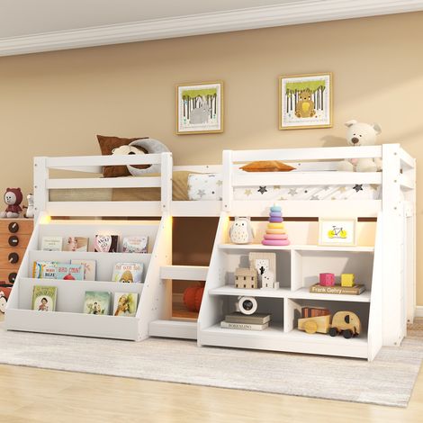 Cama infantil semialta 90 x 200 cm con almacenaje, barandilla, escalera y LED, blanca (1/5)