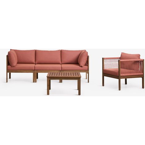SKLUM Wohnzimmer-Set mit 3-teiliger modularer Sofagarnitur mit Armlehne, Sessel und Couchtisch aus Akazienholz Branson Terrakotta – Akazienbraun                                  