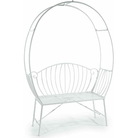 Panchine in metallo bianco con arco e schienale decorato, ideale per allestimento dehor, vetrine ed eventi, cm 130 x 43 x 190 H