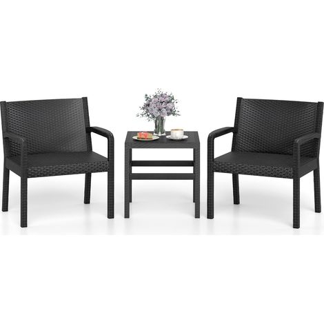 3-teiliges wetterfestes Rattan-Gartenmöbelset mit Tisch, Schwarz