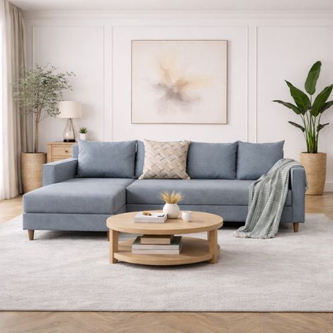 Schlafsofa blauer Stoff – Ecksofa – kompakt 215 × 150 cm – Links