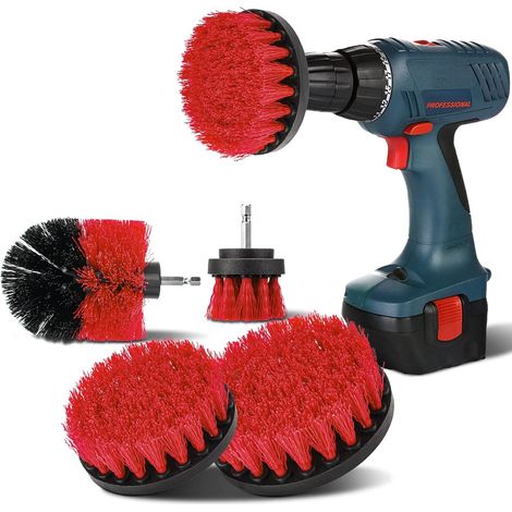 Set di spazzole per trapano, 4 pezzi, setole medie, 2" / 3,5" / 4" / 5", spazzola per la pulizia, spazzola per accessori, spazzole per vasca da bagno, pavimento piastrellato, cucina, rosso (1/5)