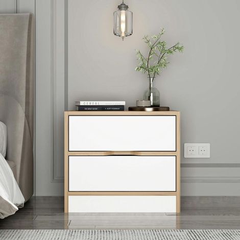 Table de chevet moderne 2 tiroirs décor bois et blanc BYRON
