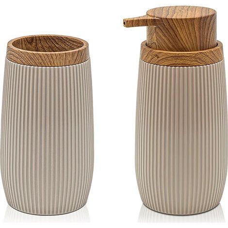 Set 2 pezzi Dispenser sapone e Porta spazzolino Tortora dettagli effetto legno Blob