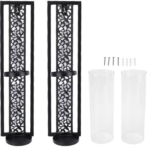 Eosnow 2 Stück Wandkerzenhalter Vintage ausgehöhlte Metallkunst mit Glasabdeckung für Heimdekoration Schwarz