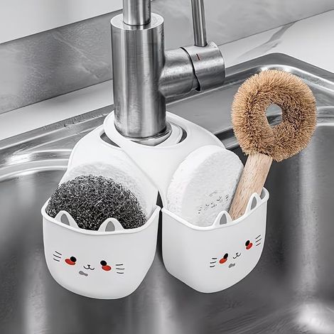 Supporto per rubinetto in silicone a forma di gatto con foro di drenaggio per spugna  Supporto salvaspazio per scarico di bagno e cucina  Contenitore decorativo (1/3)