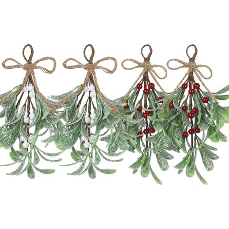 Sollbry 4Pcs Gui Artificielles,Décoration de Gui de Noël avec Baies Rouges,23cm Tiges Florales de Gui Ornement à Suspendre de Gui de Noël pour Décoration (1/5)