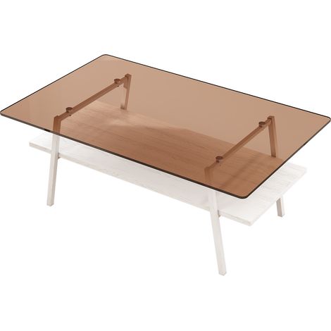 Table basse de salon rectangulaire en verre trempé et MDF marron et blanc 98 x 58 x 42,5 cm (1/5)