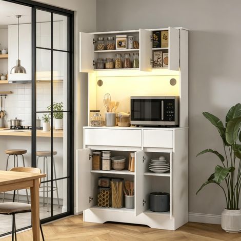 Buffet de cuisine haut avec éclairage LED RGB, plan de travail, 6 portes et 2 tiroirs, meuble de rangement pour la cuisine (1/5)