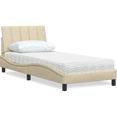 Lit avec matelas 80 x 200 cm en tissu polyester crème, sommier à lattes et tête de lit - PANGIVO (1/5)