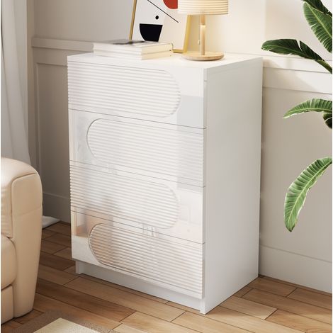 Commode 4 tiroirs 60x38,5x85 cm, façades brillantes, blanche, pour salon, chambre et entrée (1/5)