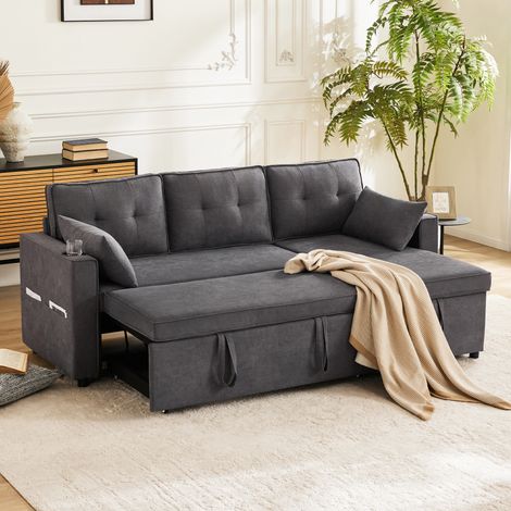 Divano Angolare Letto 3 Posti in Cotone Lino con Canapé Contenitore, Méridienne, 2 Portabicchieri e 2 Cuscini, Grigio