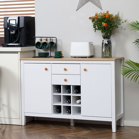 Buffet meuble de rangement avec 2 tiroirs, 2 portes étagères réglables et porte-bouteilles pour 9 bouteilles, blanc