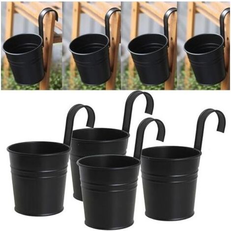 Lot de 4 pots de fleurs à suspendre en métal noir avec crochet amovible pour extérieur, intérieur, clôture, balcon, jardin, décoration de la maison (1/5)