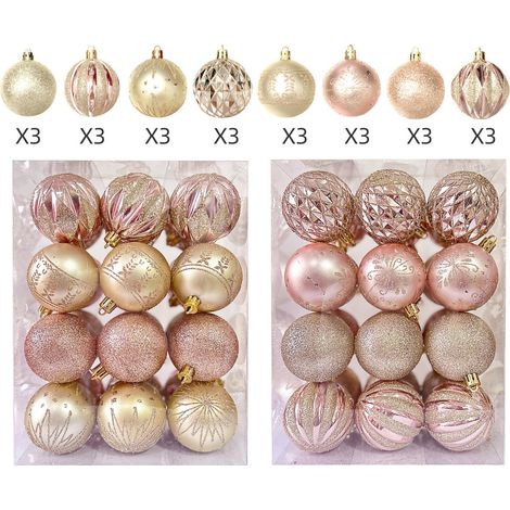 Lot de 24 boules de Noël 6 cm – Décorations de sapin multiformes en plastique galvanisé coloré, ornements festifs durables
