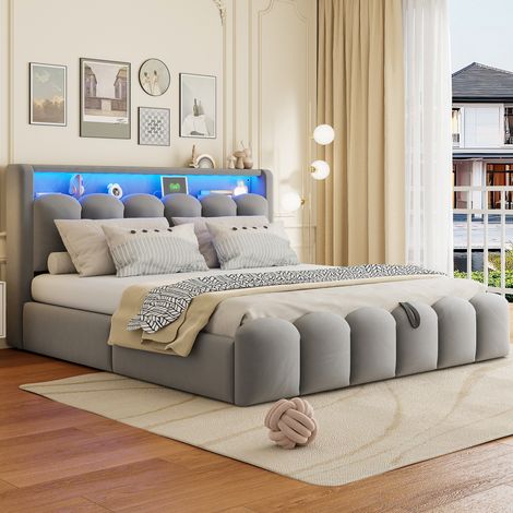 Letto imbottito 180x200 cm grigio in velluto con LED, USB e vano contenitore (1/4)