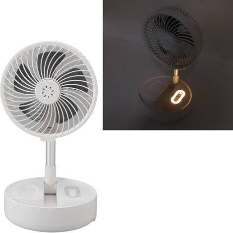 Ventilateur de table/sur pied télescopique portable à cinq pales et quatre vitesses, avec bouton de chargement USB, éclairage, brumisateur et fonction pliable. (1/5)