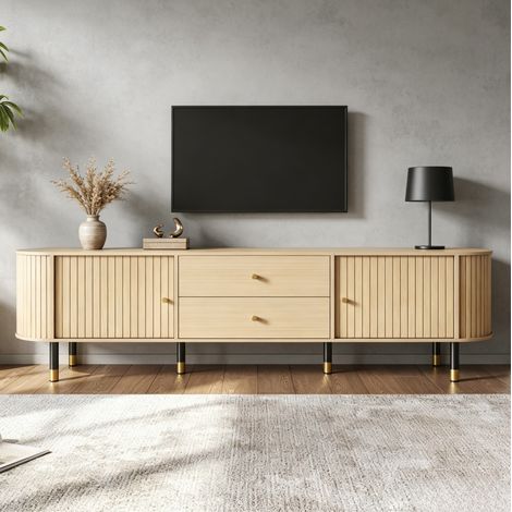 TV-Lowboard mit 2 Schiebetüren und 2 Schubladen, Kabeldurchführungen, für Wohnzimmer, MDF und Metall, Natur, 180×40×58 cm (1/5)