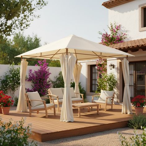 Tonnelle 3x3 m - Elusa -  Imitation bois. toile écru - Pergola avec rideaux. tente de jardin. barnum. chapiteau. réception