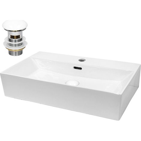 ECD Germany Waschbecken Waschtisch 605x365x130 mm Eckig Keramik Weiß inkl. Ablaufgarnitur für Waschbecken mit Überlauf Aufsatzbecken Aufsatzwaschbecken Aufsatzwaschtisch Waschschale Spülbecken Becken