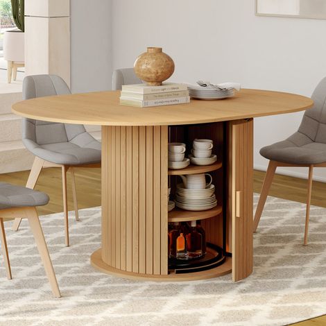 JULIETTE Mesa de comedor redonda extensible para 4-8 personas con patas de listones y almacenaje 110-150 cm