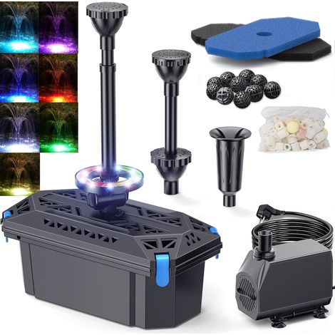 Kit complet de filtre de bassin avec pompe 2500 l/h 40 W et lumière LED RVB, Pompe de bassin pour eau propre et entretien des jeux d'eau (1/5)