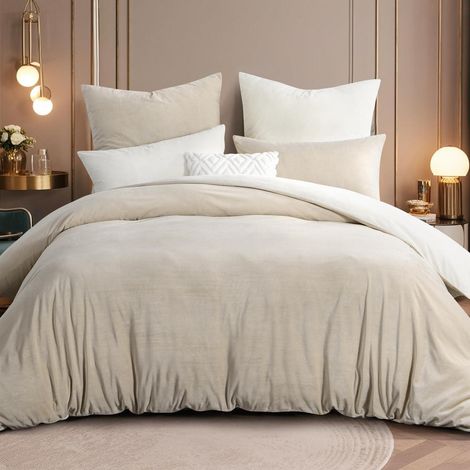 Bettwäsche-Set 220x240 Flanell 3-teilig Beige-Weiß Warm Kuschel Fleece mit Reißverschluss