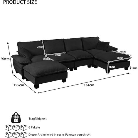 Canapé d'angle modulaire nuage design voilier en U, 6 places confortable en tissu chenille noir, avec poufs mobiles pour salon et appartement (1/4)
