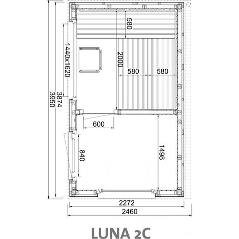 Infraworld Luna 2 Außensauna mit Lärche-Fassadenprofile versch. Fenstergrößen und Inneneinrichtung Luna 2C - Panorama-Fenster (BxH): 1440 x 1620 mm, Türe versetzt, 3 Liegen (1/5)
