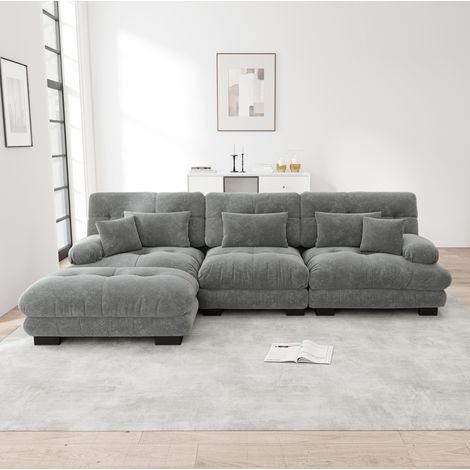 Sofá modular de chenilla gris con otomanas móviles, configuración en esquina o lineal (1/5)