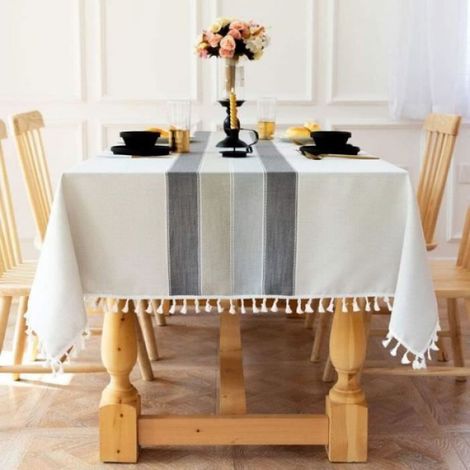 Nappe Rectangulaire - Coton Lin - Rayures Grises - 140x140 cm - Anti-Taches - 1 Pièce (1/4)