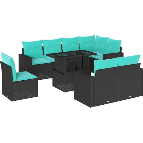 9-teiliges Gartensofa-Set mit Kissen, schwarzes Polyrattan vidaXL (1/5)