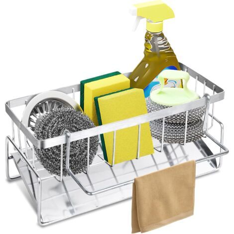 BUNTHAUS Organiseur d'évier de cuisine en acier inoxydable argenté avec porte-linge, organisateur d'évier de cuisine, panier de vaisselle pour accessoires de salle de bain
