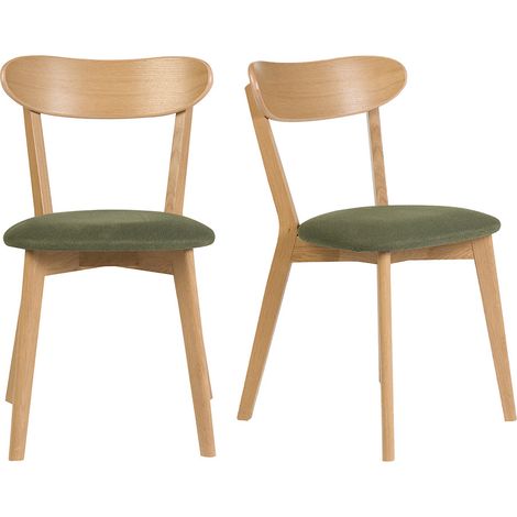 Sedie vintage in legno chiaro rovere e tessuto effetto velluto testurizzato verde kaki (lotto di 2) DOVE (1/4)